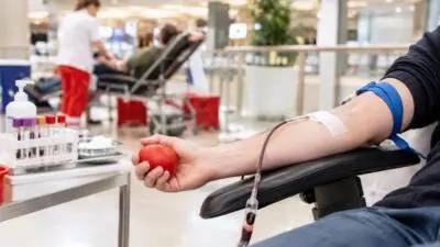 Ein Arm mit Blutentnahmeschlauch bei einer Blutspende, die Hand hält einen roten Ball.