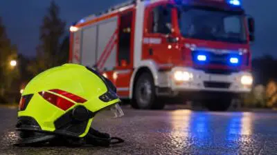 KI-Symbolbild: Ein neongelber Schutzhelm liegt vor einem roten Einsatzfahrzeug mit Blaulicht auf nasser Straße.