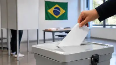 KI-Symbolbild: Eine Hand steckt einen weißen Stimmzettel in eine graue Wahlurne, im Hintergrund hängt die brasilianische Flagge.
