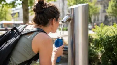 KI-Symbolbild: Eine Frau füllt an einem Metallbrunnen eine blaue Flasche mit Wasser.