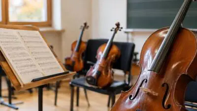 KI-Symbolbild: Ein Cello und Notenblätter in einem Musikraum.