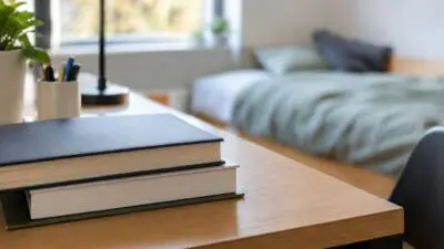 KI-generiertes Bild: Bücher liegen auf einem Schreibtisch in einem möblierten Zimmer.