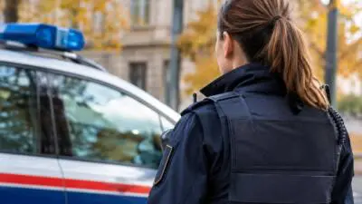 KI-generiertes Bild: Eine uniformierte Person steht neben einem weißen Auto mit blauem Lichtbalken.
