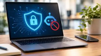 KI-Symbolbild: Ein Laptop zeigt ein Schutzschild mit Schloss und ein durchgestrichenes Robotersymbol.