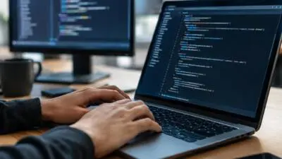 KI-Symbolbild: Hände tippen an einem Laptop mit Programmcode auf dem Bildschirm.