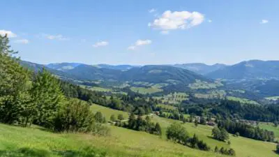 KI-Symbolbild: Grüne Wiesen und bewaldete Berge unter blauem Himmel.