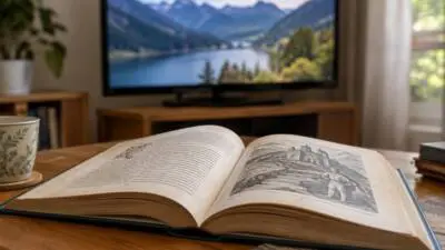Aufgeschlagenes illustriertes Buch vor einem Bildschirm mit Berglandschaft