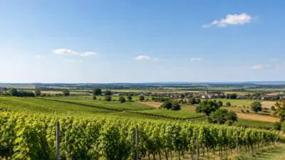 KI-Symbolbild: Sonnige Landschaft mit Weinreben, Feldern und einem Dorf am Horizont.