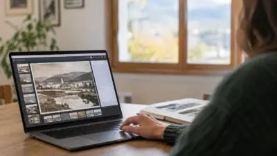 KI-Symbolbild: Eine Person betrachtet historische Fotografien auf einem Laptop neben einem aufgeschlagenen Buch.