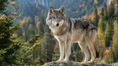 KI-Symbolbild: Ein grauer Wolf steht auf einem Felsen vor bewaldeten Bergen.