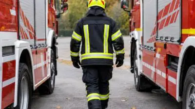 KI-generiertes Bild: Eine Person in Schutzkleidung geht zwischen roten Einsatzfahrzeugen.