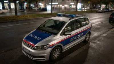 KI-generiertes Bild: Ein silberner Polizeivan steht nachts an einer Straße vor beleuchteten Geschäften.