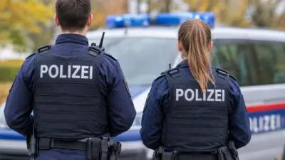 KI-generiertes Bild: Zwei Polizeikräfte in dunkelblauen Uniformen stehen vor einem Polizeifahrzeug.