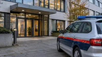 KI-Symbolbild: Ein weißer Kombi mit blauem Blaulicht steht vor einem modernen Bürogebäude.