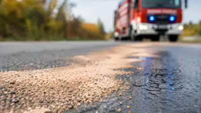 KI-generiertes Bild: Ein rotes Einsatzfahrzeug steht auf einer Straße mit hellen Körnern und dunklen Spuren.