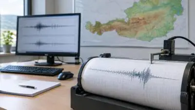KI-generiertes Bild: Ein Seismograf zeichnet Ausschläge auf Papier; daneben stehen ein Monitor und eine Karte Österreichs.