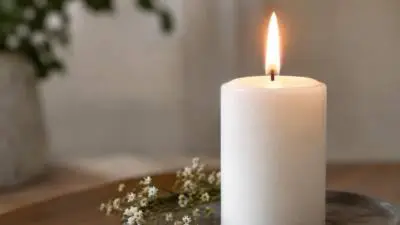 KI-Symbolbild: Eine brennende weiße Kerze steht auf einer Schale neben kleinen weißen Blumen.