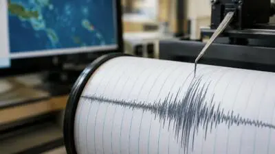 KI-Symbolbild: Ein Seismograf zeichnet Ausschläge auf Papier auf, im Hintergrund ist ein Bildschirm mit Karte zu sehen.