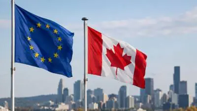KI-generiertes Bild: EU- und Kanada-Flaggen vor einer Stadtansicht am Wasser.