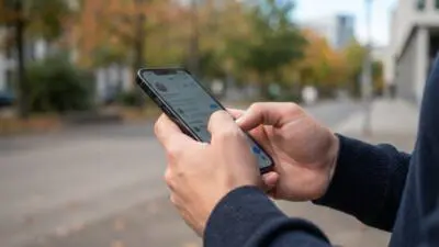 KI-generiertes Bild: Hände bedienen ein Smartphone vor einer unscharfen Straße.