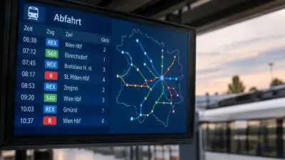 KI-generiertes Bild: Ein blauer Abfahrtsmonitor mit Zugverbindungen und Linienkarte an einem Bahnsteig.
