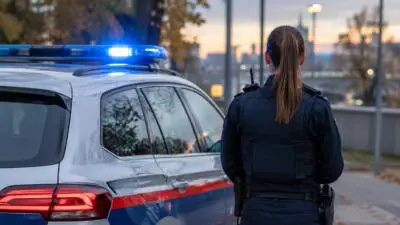 KI-Symbolbild: Eine Person in dunkler Uniform steht neben einem weiß-blau-roten Auto mit blauem Warnlicht.