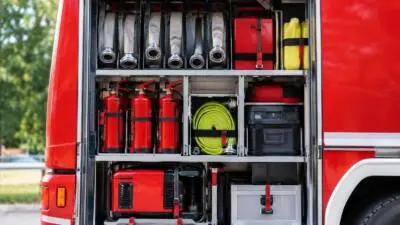 Offenes Gerätefach eines roten Feuerwehrfahrzeugs mit Schläuchen, Kanistern und Werkzeugkästen