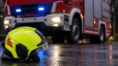 KI-Symbolbild: Ein gelber Helm liegt vor einem roten Feuerwehrfahrzeug auf nasser Fahrbahn.