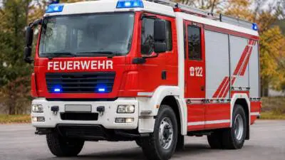 KI-Symbolbild: Ein rotes Feuerwehrfahrzeug mit eingeschaltetem Blaulicht steht auf einer Straße.