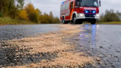 KI-Symbolbild: Rotes Feuerwehrfahrzeug und helles Bindemittel auf einer Straße.