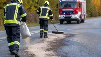 KI-Symbolbild: Personen in Schutzkleidung streuen Bindemittel auf eine Straße; ein rotes Einsatzfahrzeug steht im Hintergrund.