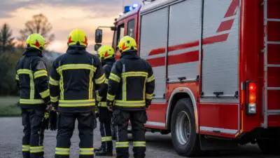 KI-generiertes Bild: Menschen in dunkler Schutzkleidung mit gelben Helmen stehen neben einem roten Einsatzfahrzeug