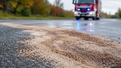 KI-Symbolbild: Ein roter Einsatzwagen mit Warnlichtern auf einer nassen Straße.