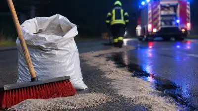 KI-generiertes Bild: Feuerwehr Haag am Hausruck bindet Ölspur auf der B141 bei Geierau