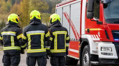 KI-generiertes Bild: Feuerwehrleute in Schutzkleidung stehen neben einem roten Löschfahrzeug.