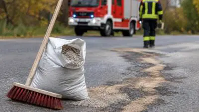 KI-Symbolbild: Ein Besen und ein Sack mit körnigem Material liegen auf einer Straße; dahinter sind ein rotes Einsatzfahrzeug und eine Person in Schutzkleidung zu sehen.