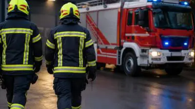 KI-Symbolbild: Feuerwehrleute in dunkler Schutzkleidung vor einem roten Einsatzfahrzeug.