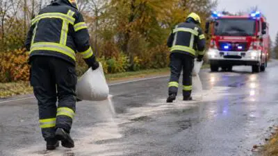 KI-Symbolbild: Einsatzkräfte streuen Bindemittel auf eine nasse Straße, ein rotes Einsatzfahrzeug steht im Hintergrund.