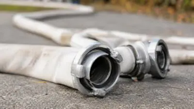 KI-generiertes Bild: Weiße Feuerwehrschläuche mit silbernen Kupplungen liegen auf Asphalt.