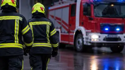 KI-Symbolbild: Personen in dunkler Schutzkleidung mit gelben Helmen vor einem roten Einsatzfahrzeug auf nasser Straße.