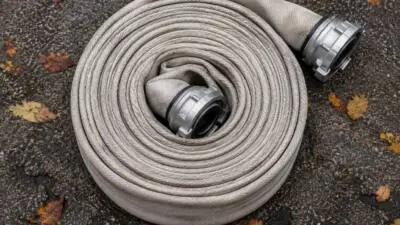 KI-generiertes Bild: Ein aufgerollter grauer Schlauch mit Metallkupplungen auf Asphalt.
