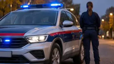 KI-Symbolbild: Ein silberner SUV mit blauem Blaulicht steht neben einer uniformierten Person auf einer Straße.