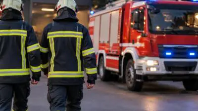 Feuerwehrleute in Schutzkleidung stehen neben einem roten Feuerwehrfahrzeug mit eingeschaltetem Blaulicht.