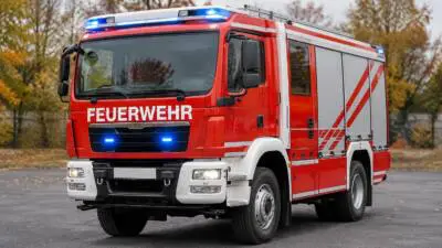 KI-generiertes Bild: Ein rotes Feuerwehrfahrzeug mit eingeschaltetem Blaulicht steht auf einer asphaltierten Fläche.