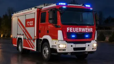 KI-generiertes Bild: Ein rotes Feuerwehrfahrzeug mit eingeschaltetem Blaulicht auf einer dunklen Straße.