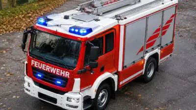 KI-Symbolbild: Ein rotes Feuerwehrfahrzeug mit Blaulicht steht auf einer Straße.