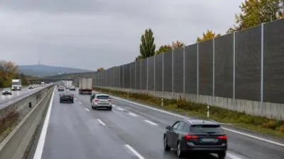 KI-Symbolbild: Fahrzeuge fahren auf nasser Autobahn neben einer hohen grauen Lärmschutzwand.