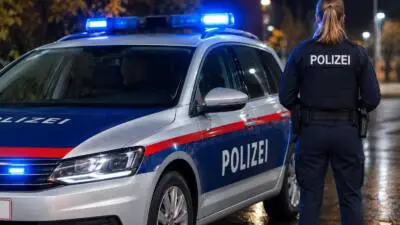KI-generiertes Bild: Eine Polizistin steht neben einem Polizeiauto mit blauem Blaulicht.