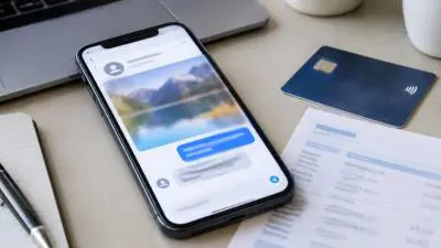 KI-generiertes Bild: Ein Smartphone mit Nachrichtenansicht liegt neben einer Bankkarte und Unterlagen auf einem Schreibtisch.