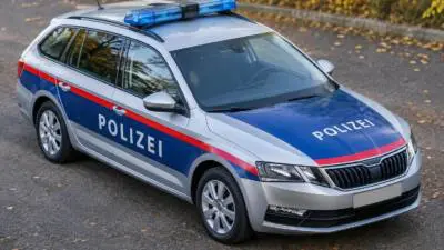 KI-generiertes Bild: Ein silberner Polizeikombi mit blauen und roten Streifen steht auf einer Straße.